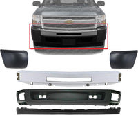 Front Bumper Impact Bar Chrome + Lower Valance + Extension + End Caps Left Driver & Right Passenger Side Direct Replacement Compatible With 2007-2013 Chevrolet Silverado 1500