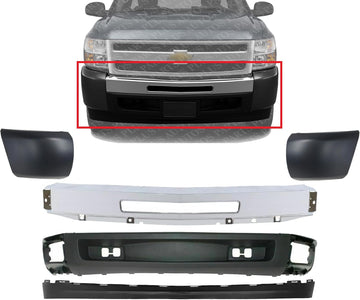 Front Bumper Impact Bar Chrome + Lower Valance + Extension + End Caps Left Driver & Right Passenger Side Direct Replacement Compatible With 2007-2013 Chevrolet Silverado 1500
