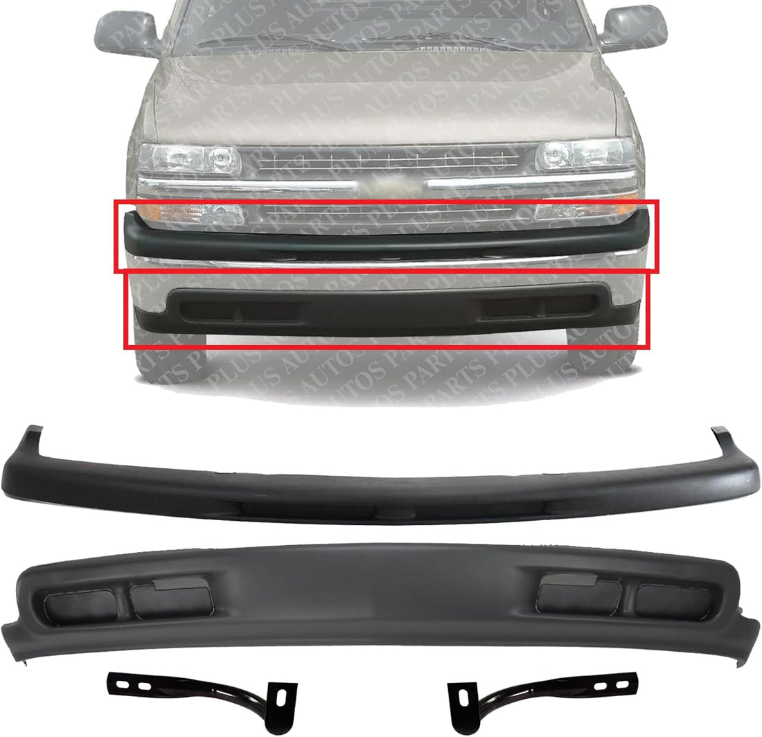 Front Bumper Upper Cover + Lower Valance Primed + Brackets Left Driver & Right Passenger Side Direct Replacement Compatible With 1999-2002 Chevrolet 1500/2000-2006 Tahoe/Suburban