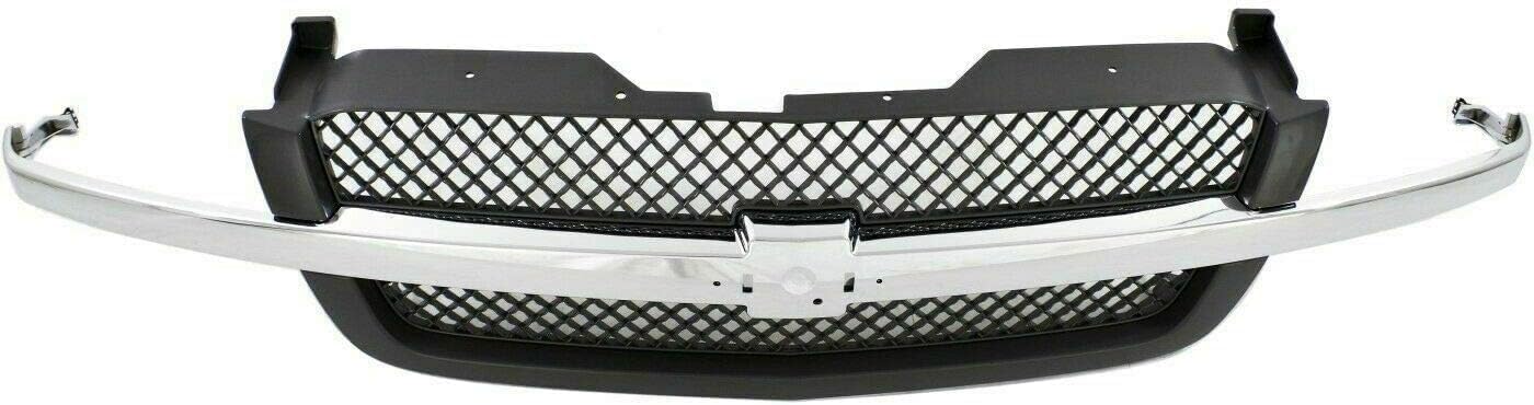 Front Grill Mesh Gray With Chrome Center Bar + Headlight Brackets Left Driver & Right Passenger Side Direct Replacement Compatible With 2003-2006 Chevrolet Silverado 1500 2500 3500