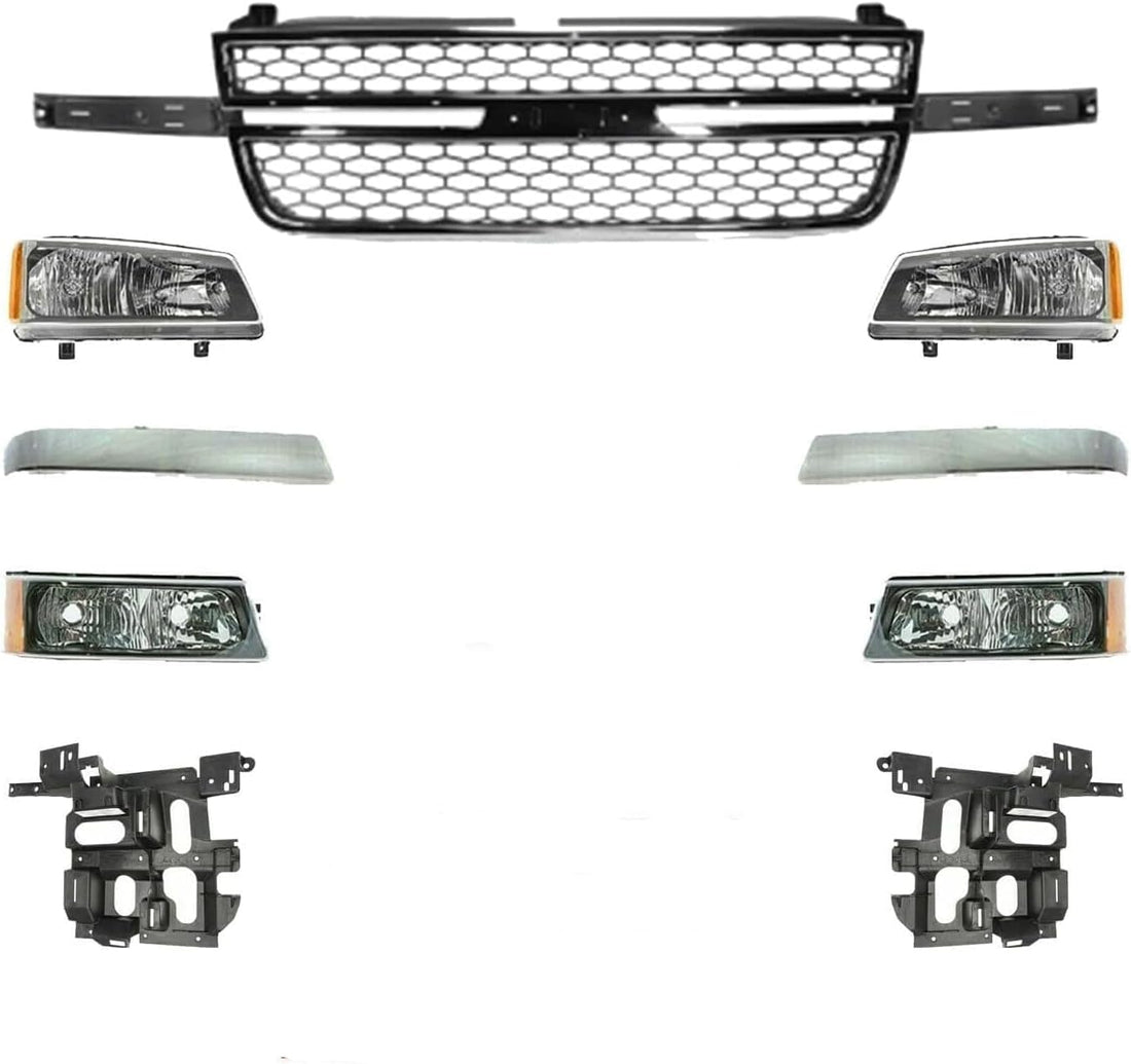 Front Grille + Chrome Moldings + Signal Lamp + Head Lights + Support Brackets Right & Left Side Direct Replacement Compatible With Chevrolet Silverado 2500HD 3500 2003-2006 GM1200546