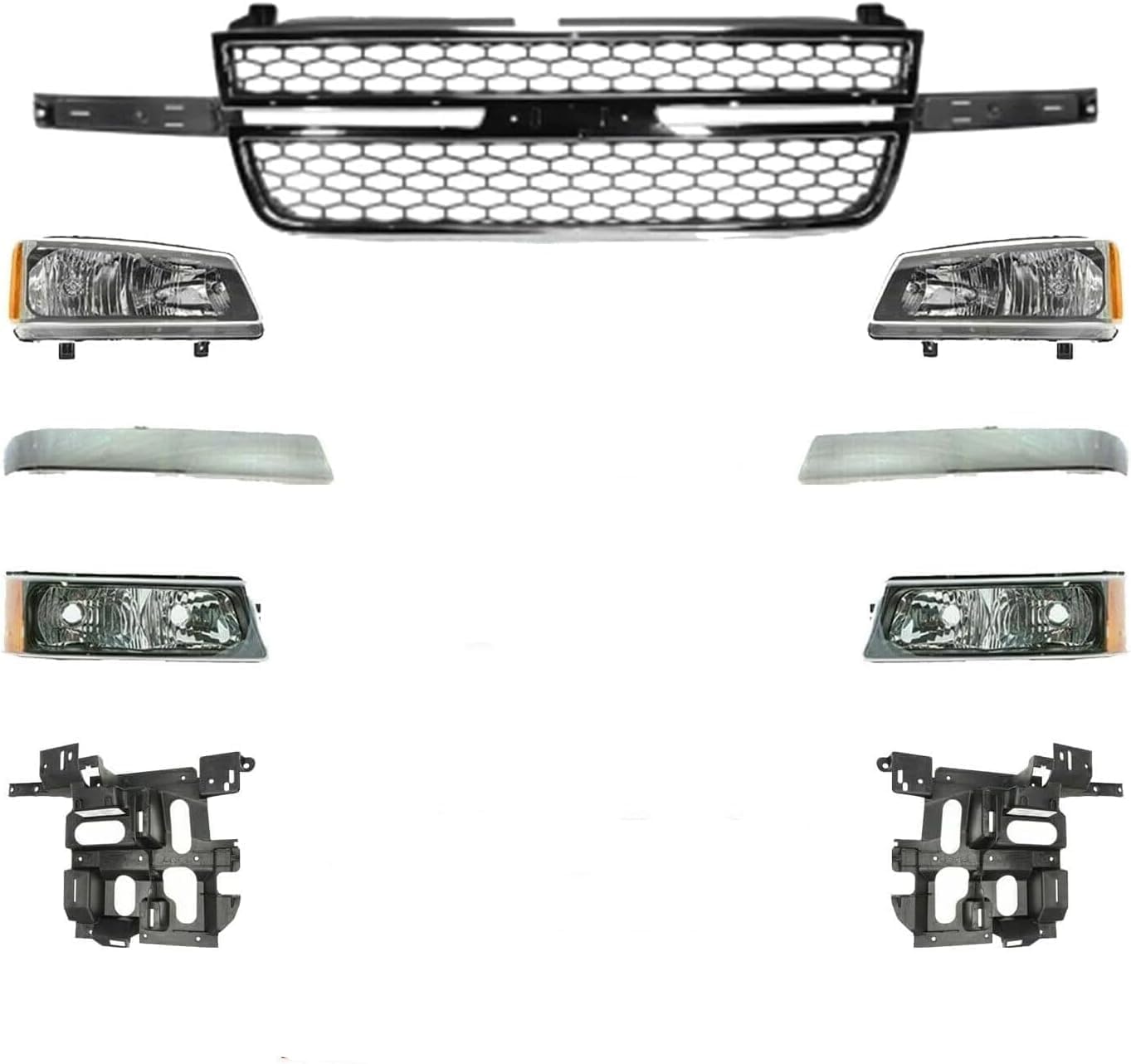 Front Grille + Chrome Moldings + Signal Lamp + Head Lights + Support Brackets Right & Left Side Direct Replacement Compatible With Chevrolet Silverado 2500HD 3500 2003-2006 GM1200546