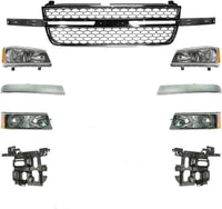 Front Grille + Chrome Moldings + Signal Lamp + Head Lights + Support Brackets Right & Left Side Direct Replacement Compatible With Chevrolet Silverado 2500HD 3500 2003-2006 GM1200546