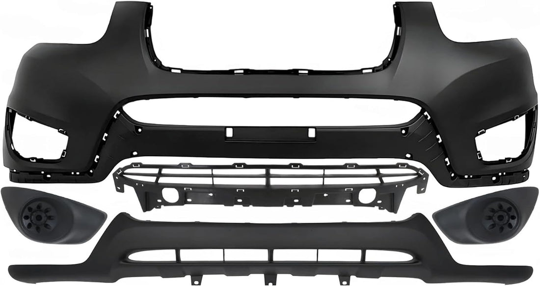 Front Bumper Cover Primed Plastic + Lower Valance + Grille Textured + Fog Light Cover Left Driver & Right Passenger Side Direct Replacement Compatible With 2010-2012 Hyundai Santa Fe