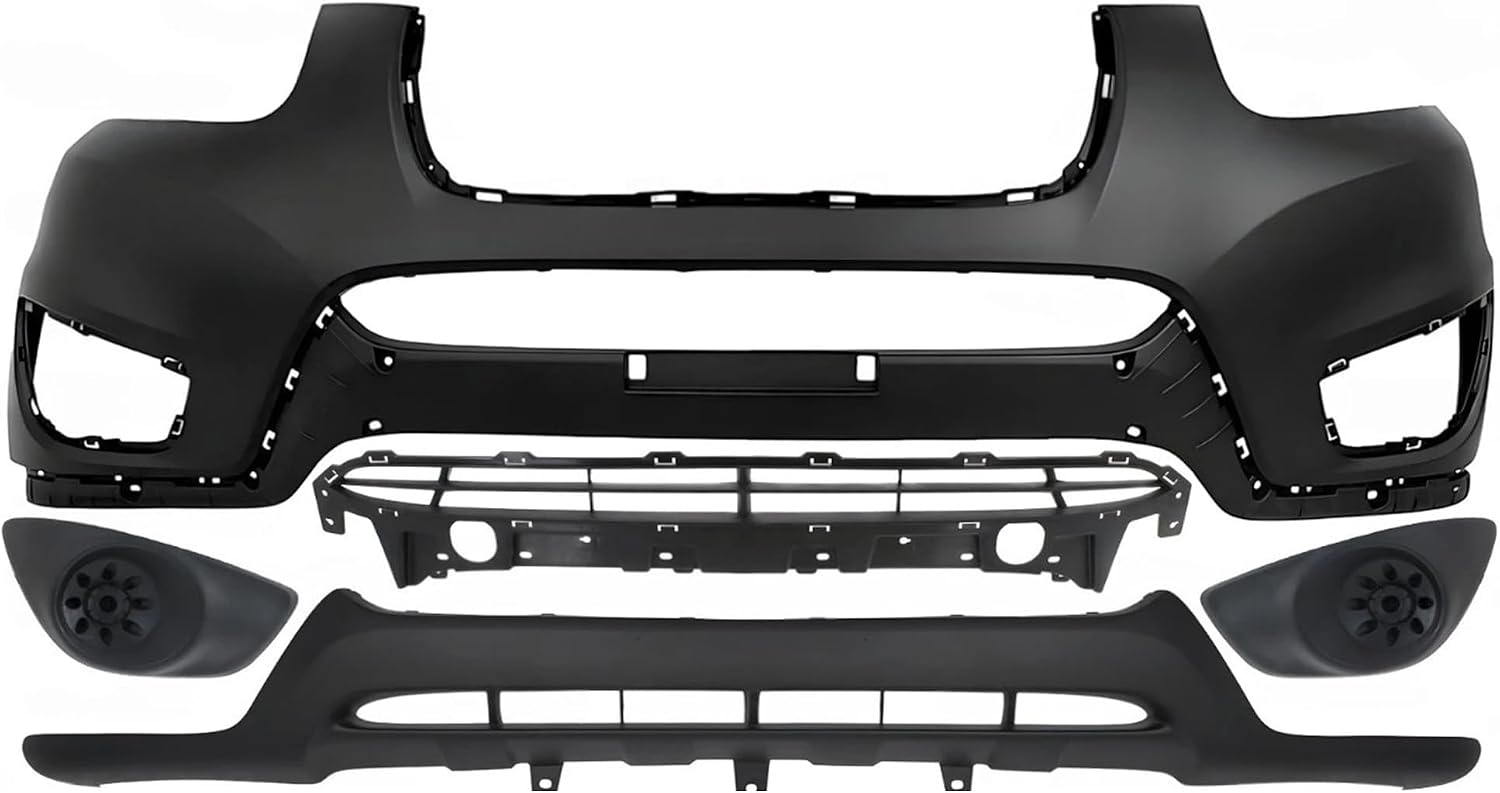 Front Bumper Cover Primed Plastic + Lower Valance + Grille Textured + Fog Light Cover Left Driver & Right Passenger Side Direct Replacement Compatible With 2010-2012 Hyundai Santa Fe