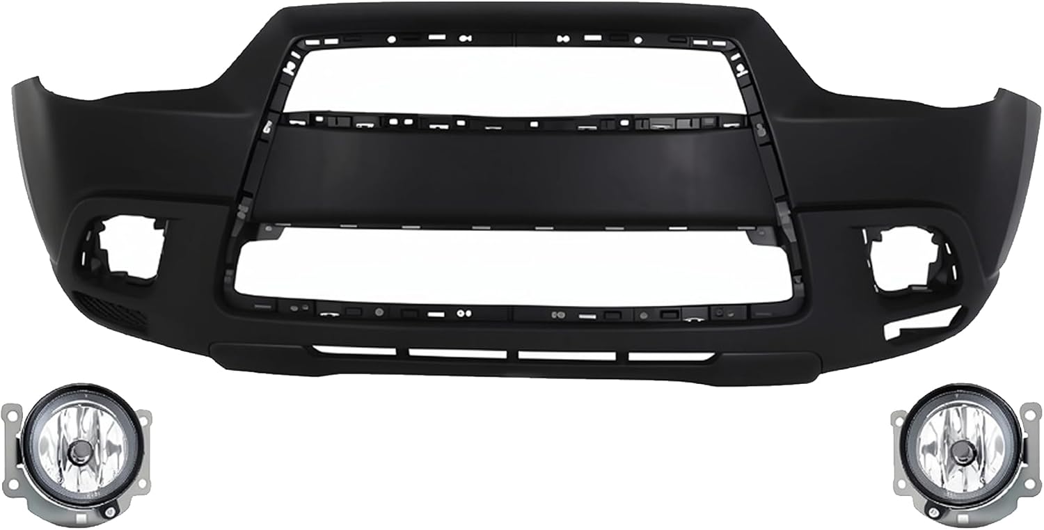 Front Bumper Cover Primed Plastic + Lower Grille + Fog Lights Left Driver & Right Passenger Side Direct Replacement Compatible With 2011-2012 Mitsubishi Outlander/RVR