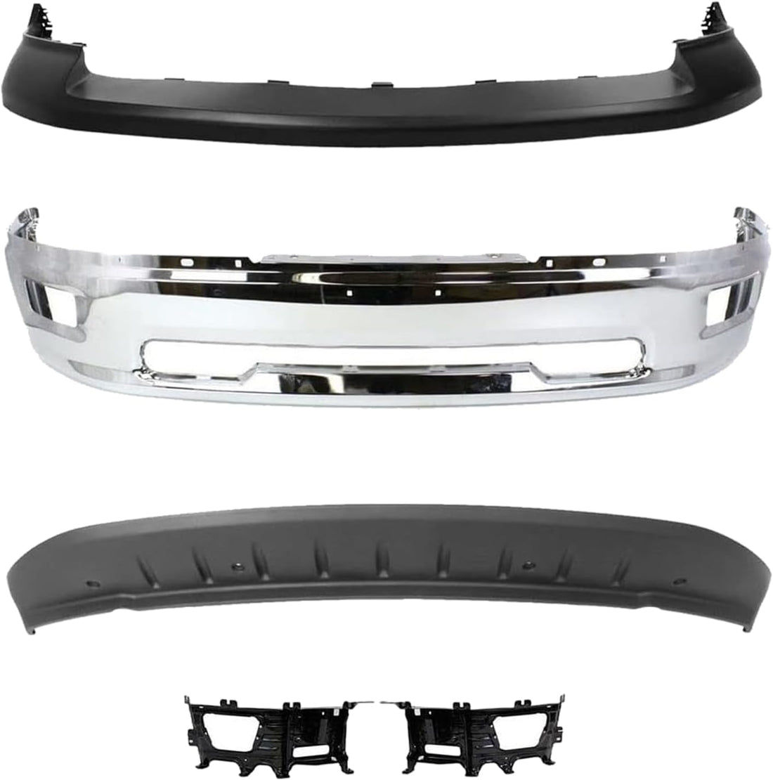 Front Bumper Chrome + Upper Cover + Lower Valance Air Dam Primed + Brackets Right Passenger & Left Driver Side Direct Replacement Compatible With 2009-2012 Dodge Ram 1500 CH1002386