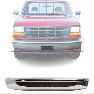 Front Bumper Face Bar Chrome Without Molding Holes Direct Replacement Compatible With 1992-1997 Ford F-Series FO1002236 F2TZ17757A