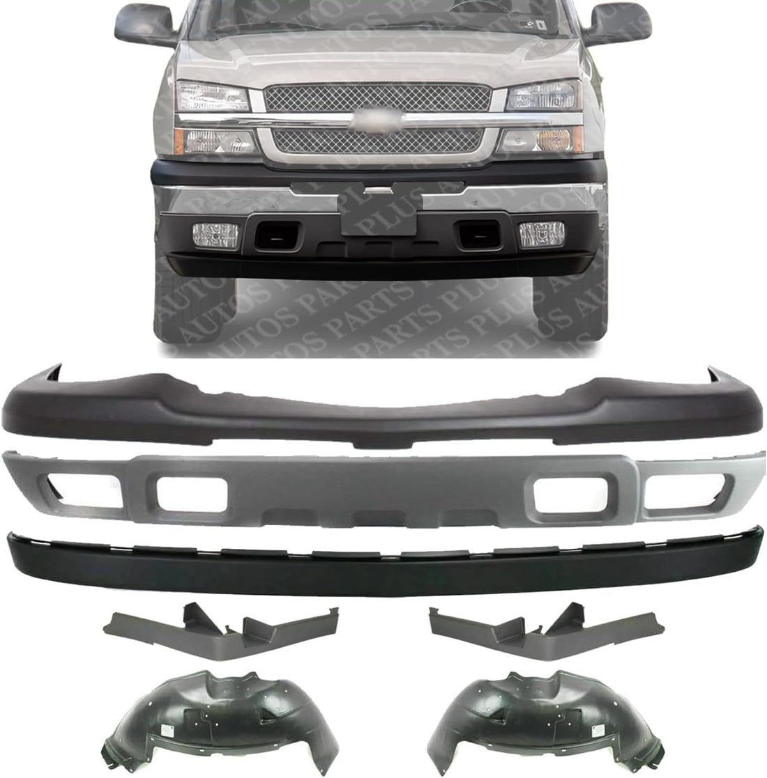 Front Bumper Upper Cover + Lower Valance + Extension Textured + Fillers + Fender Liner Right & Left Side Direct Replacement Compatible With 2003-2006 Chevrolet Silverado 1500