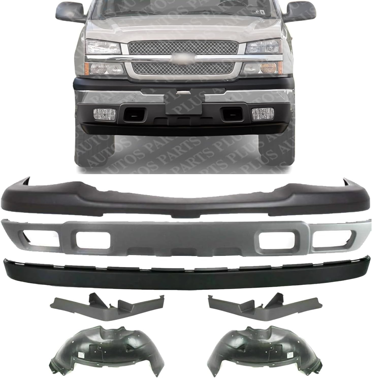 Front Bumper Upper Cover + Lower Valance + Extension Textured + Fillers + Fender Liner Right & Left Side Direct Replacement Compatible With 2003-2006 Chevrolet Silverado 1500