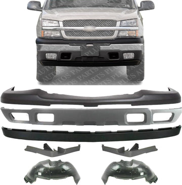 Front Bumper Upper Cover + Lower Valance + Extension Textured + Fillers + Fender Liner Right & Left Side Direct Replacement Compatible With 2003-2006 Chevrolet Silverado 1500