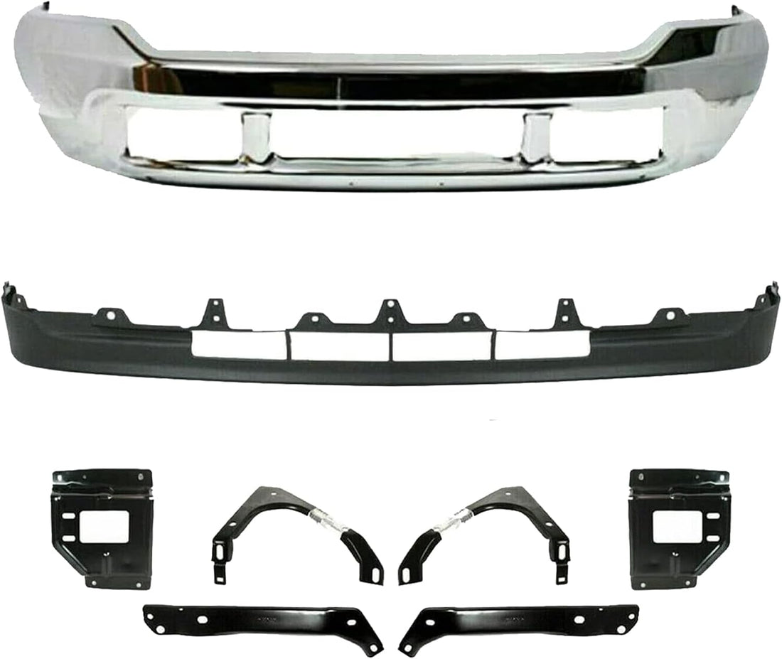 Front Bumper Chrome + Lower Valance + Mounting Plate & Support Brackets Left Driver & Right Passenger Side Direct Replacement Compatible With 2001-2004 Ford F-Series Super Duty
