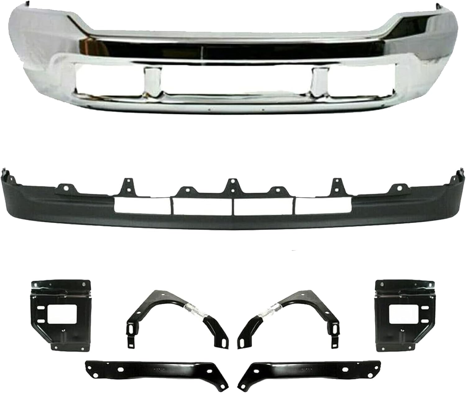 Front Bumper Chrome + Lower Valance + Mounting Plate & Support Brackets Left Driver & Right Passenger Side Direct Replacement Compatible With 2001-2004 Ford F-Series Super Duty