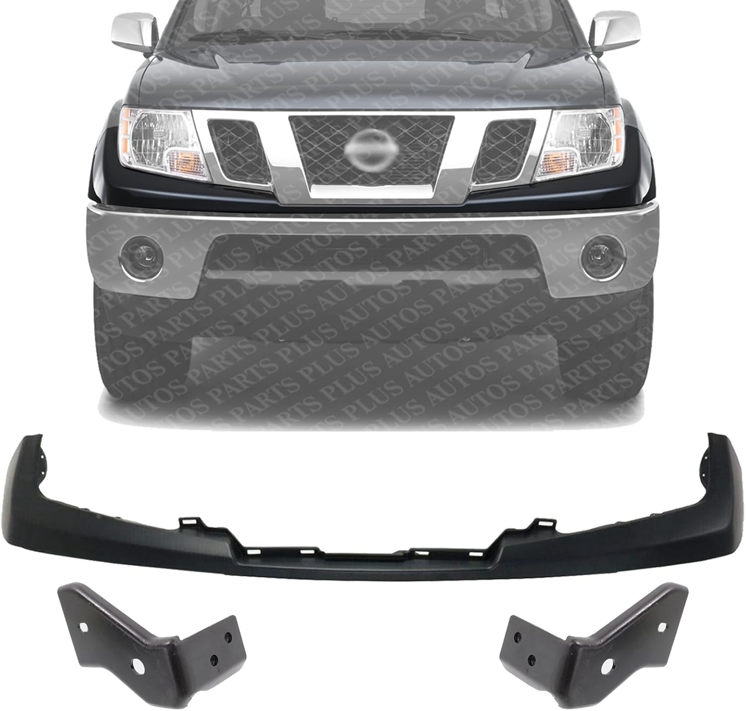 Front Bumper Upper Cover Primed Steel + Stay Brackets Right Passenger & Left Driver Side Direct Replacement Compatible With 2009-2019 Nissan Frontier NI1014100 NI1042100 NI1043100