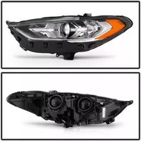 Front Bumper Cover Primed + Upper Grille Textured With Chrome Trim + Head Lights Left Driver And Right Passenger Side Direct Replacement Compatible With 2017-2018 Ford Fusion