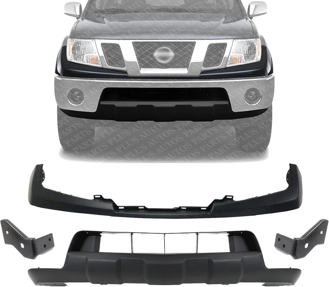 Front Bumper Upper Cover Primed Steel + Lower Valance + Stay Brackets Right Passenger & Left Driver Side Direct Replacement Compatible With 2005-2019 Nissan Frontier NI1014100