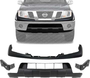 Front Bumper Upper Cover Primed Steel + Lower Valance + Stay Brackets Right Passenger & Left Driver Side Direct Replacement Compatible With 2005-2019 Nissan Frontier NI1014100