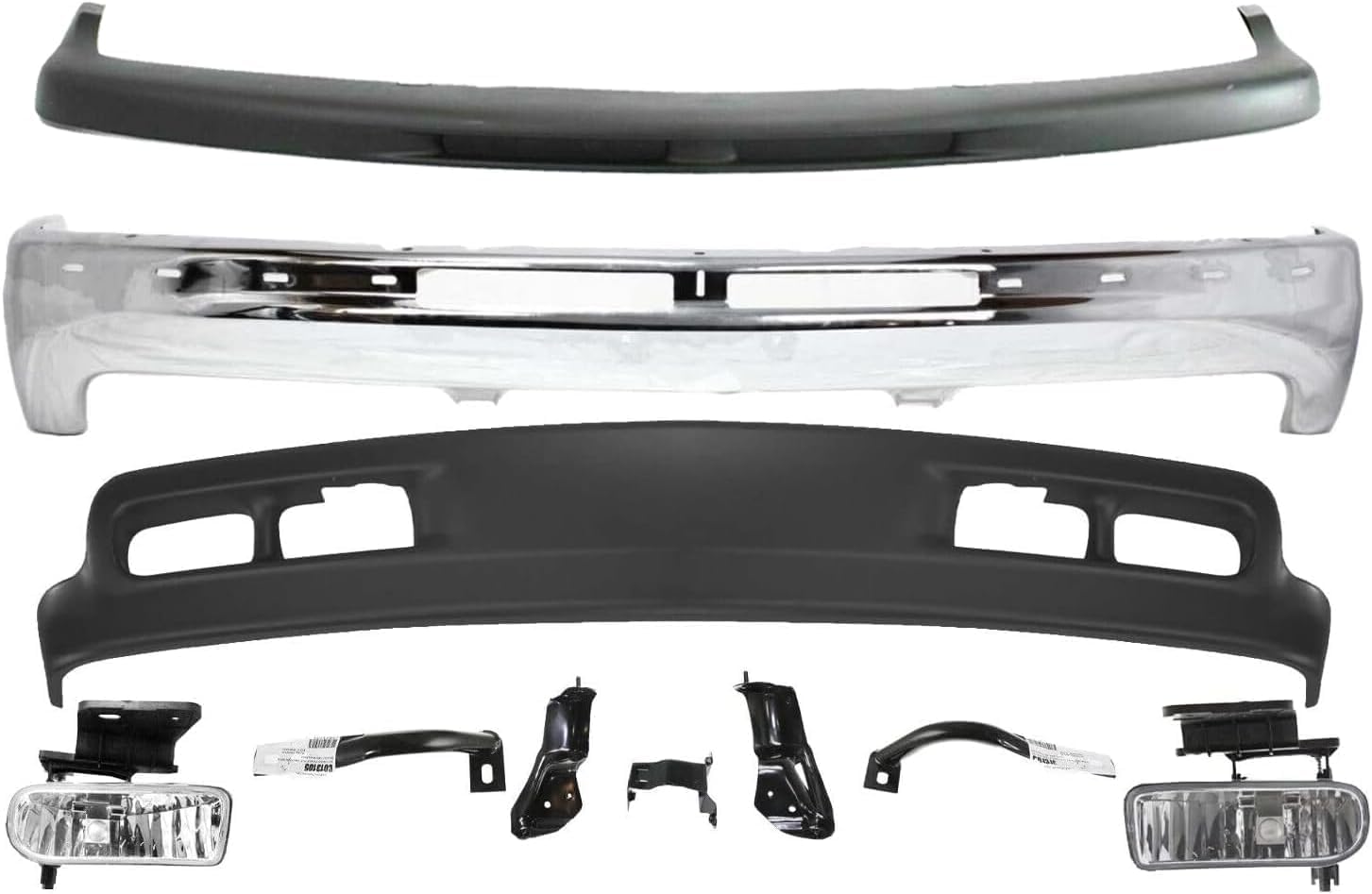 Front Bumper Chrome Steel + Upper Cover + Lower Valance + Brackets + Fog Lamps Left & Right Side Direct Replacement Compatible With 1999-2002 Silverado 1500/2000-2006 Tahoe/Suburban