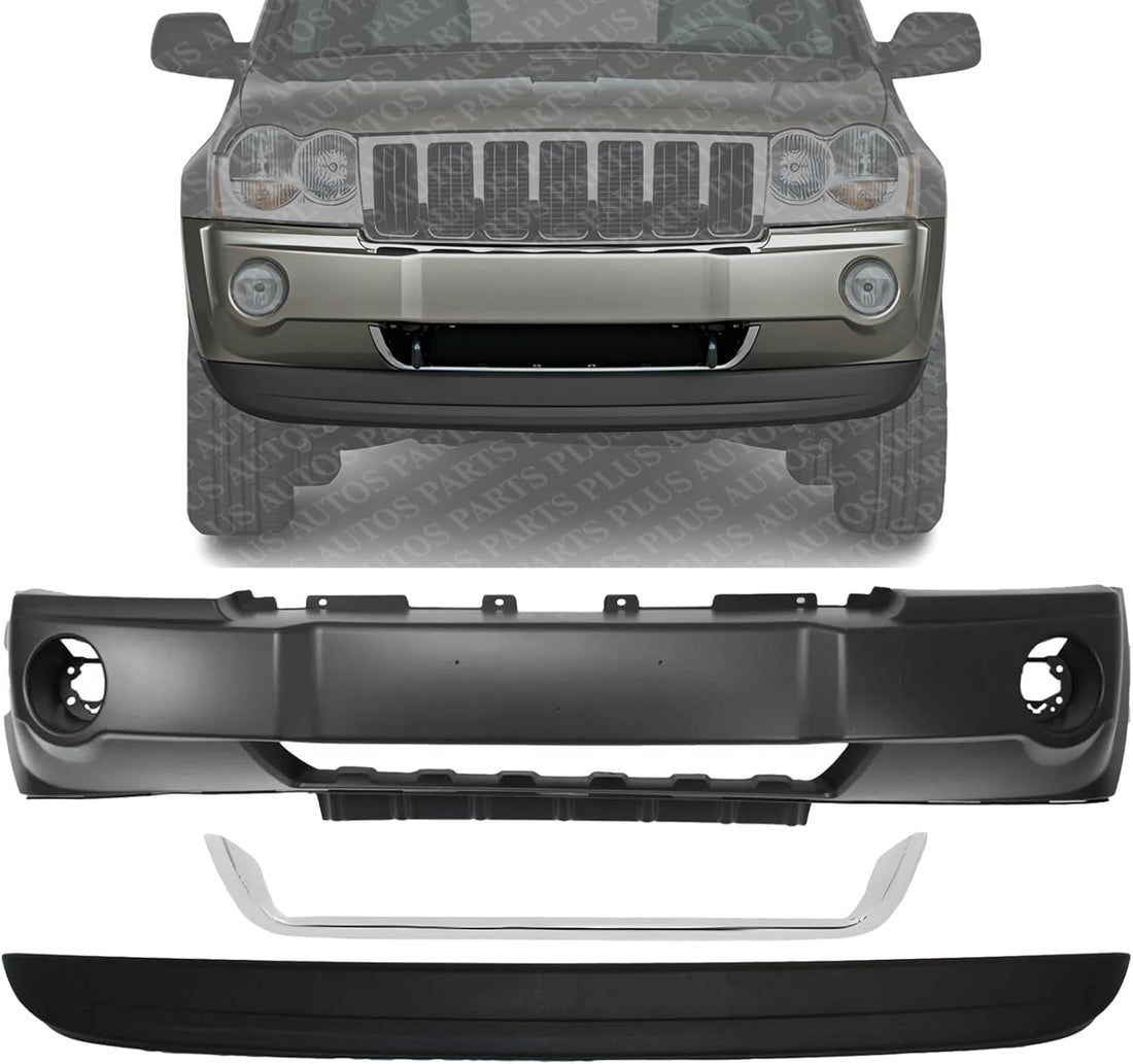 Front Bumper Cover + Lower Valance Primed + Molding Chrome Direct Replacement Compatible With 2005-2007 Jeep Grand Cherokee CH1090130 CH1044101 CH1000450 5159125AB 5159124AA 5159127AA