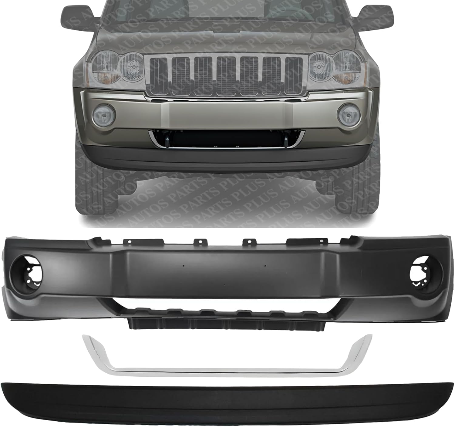 Front Bumper Cover + Lower Valance Primed + Molding Chrome Direct Replacement Compatible With 2005-2007 Jeep Grand Cherokee CH1090130 CH1044101 CH1000450 5159125AB 5159124AA 5159127AA