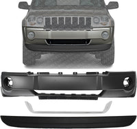Front Bumper Cover + Lower Valance Primed + Molding Chrome Direct Replacement Compatible With 2005-2007 Jeep Grand Cherokee CH1090130 CH1044101 CH1000450 5159125AB 5159124AA 5159127AA