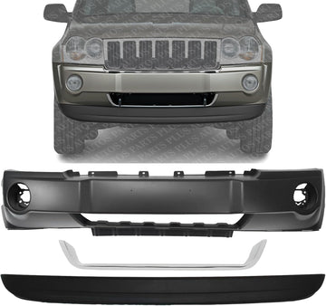 Front Bumper Cover + Lower Valance Primed + Molding Chrome Direct Replacement Compatible With 2005-2007 Jeep Grand Cherokee CH1090130 CH1044101 CH1000450 5159125AB 5159124AA 5159127AA