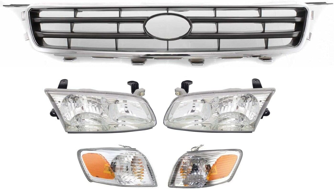 Front Grille Chrome Shell With Painted Silver Insert + Headlights + Corner Lamps Assembly Right Passenger & Left Driver Side Direct Replacement Compatible With Toyota Camry 2000-2001