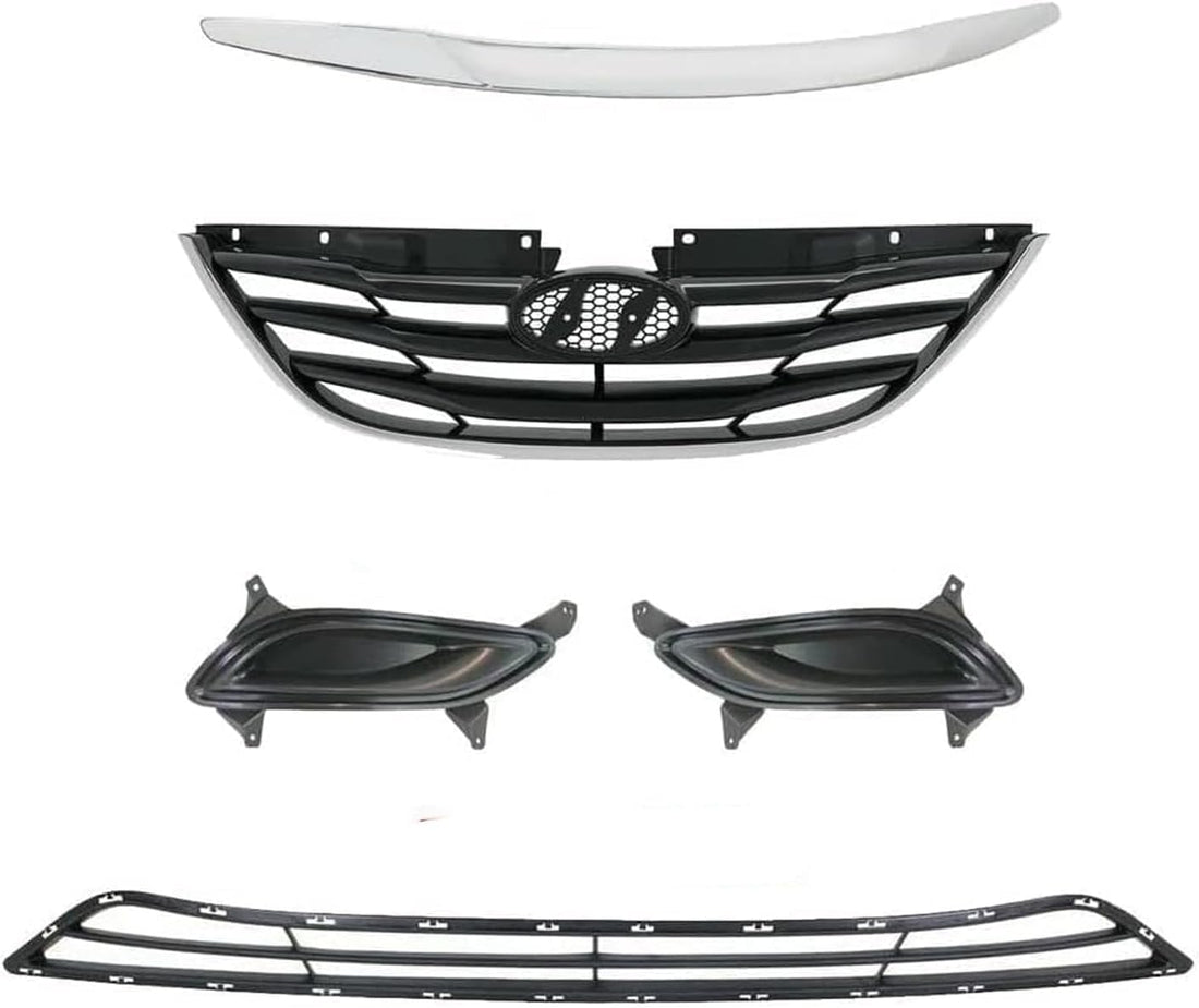 Front Upper & Lower Grille Primed + Hood Molding Chrome + Fog Light Cover Right Passenger & Left Driver Side Direct Replacement Compatible With Hyundai Sonata 2011-2013 HY1036114