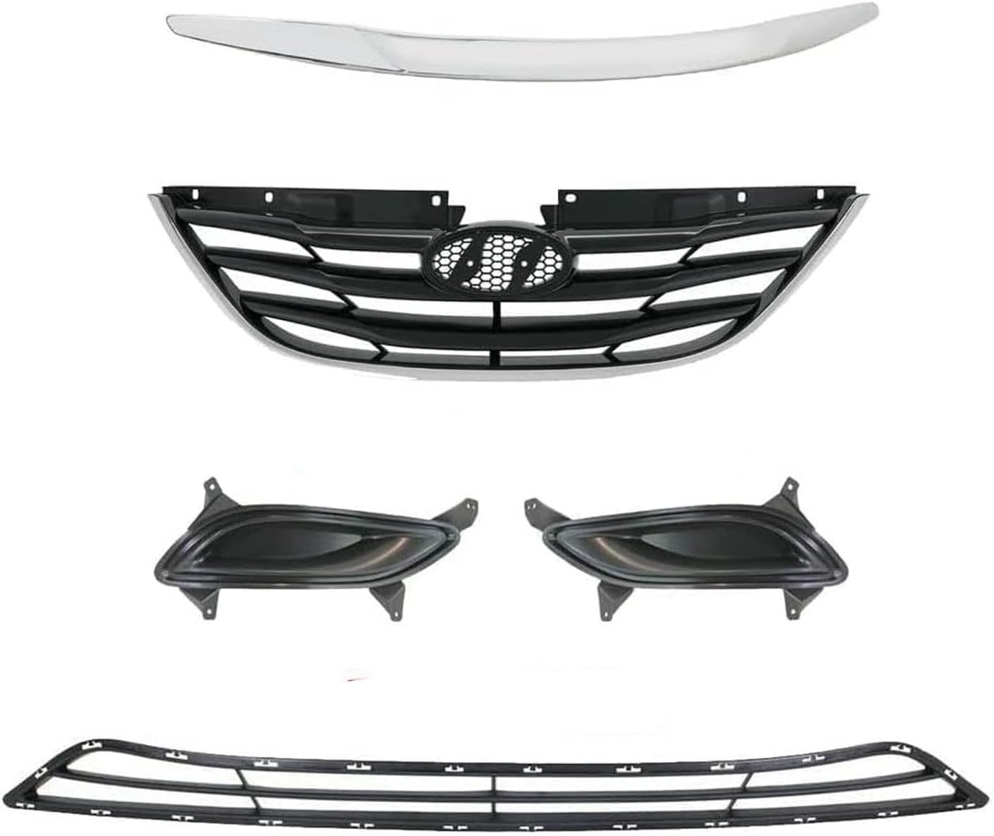 Front Upper & Lower Grille Primed + Hood Molding Chrome + Fog Light Cover Right Passenger & Left Driver Side Direct Replacement Compatible With Hyundai Sonata 2011-2013 HY1036114