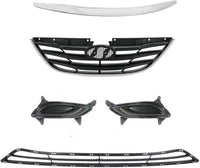 Front Upper & Lower Grille Primed + Hood Molding Chrome + Fog Light Cover Right Passenger & Left Driver Side Direct Replacement Compatible With Hyundai Sonata 2011-2013 HY1036114