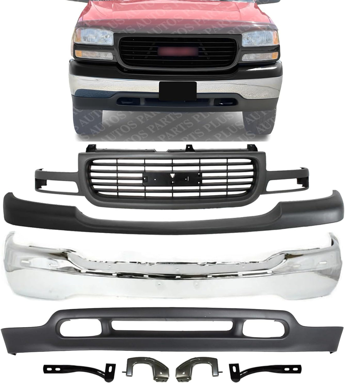 AUTOS PARTS PLUS Front Bumper Chrome + Grille + Upper Cover + Lower Valance Primed + Outer Brace Brackets Direct Replacement Compatible With 1999-2002 GMC Sierra / 2000-2006 Yukon 1500 2500