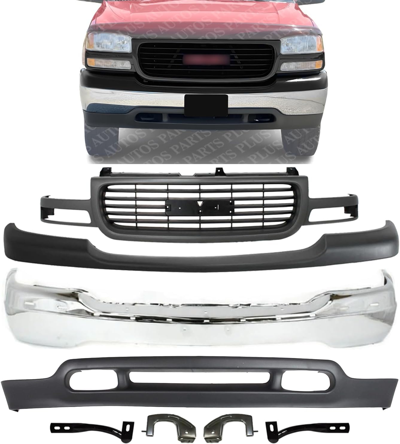 AUTOS PARTS PLUS Front Bumper Chrome + Grille + Upper Cover + Lower Valance Primed + Outer Brace Brackets Direct Replacement Compatible With 1999-2002 GMC Sierra / 2000-2006 Yukon 1500 2500