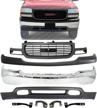 AUTOS PARTS PLUS Front Bumper Chrome + Grille + Upper Cover + Lower Valance Primed + Outer Brace Brackets Direct Replacement Compatible With 1999-2002 GMC Sierra / 2000-2006 Yukon 1500 2500