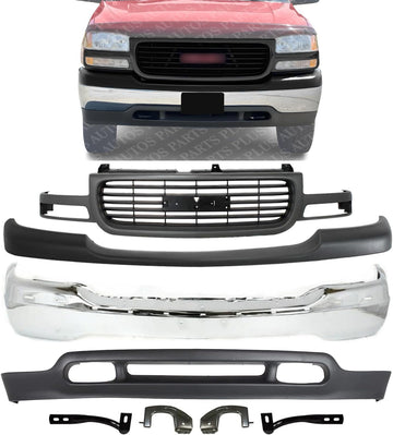 AUTOS PARTS PLUS Front Bumper Chrome + Grille + Upper Cover + Lower Valance Primed + Outer Brace Brackets Direct Replacement Compatible With 1999-2002 GMC Sierra / 2000-2006 Yukon 1500 2500