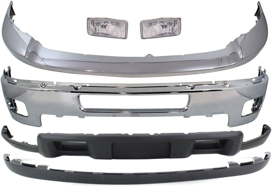 Front Bumper Chrome + Grille + Upper Cover + Lower Valance + Extension + Headlights + Fog Lights Left & Right Side Direct Replacement Compatible With 2011-2014 Silverado 2500HD 3500HD
