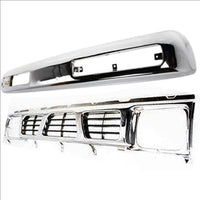 Front Bumper Face Bar Chrome Steel + Grille Chrome Shell/Paintable Gray Insert Plastic Direct Replacement Compatible With 1996-1997 Nissan Pickup NI1200116 NI1002127 6231055G10