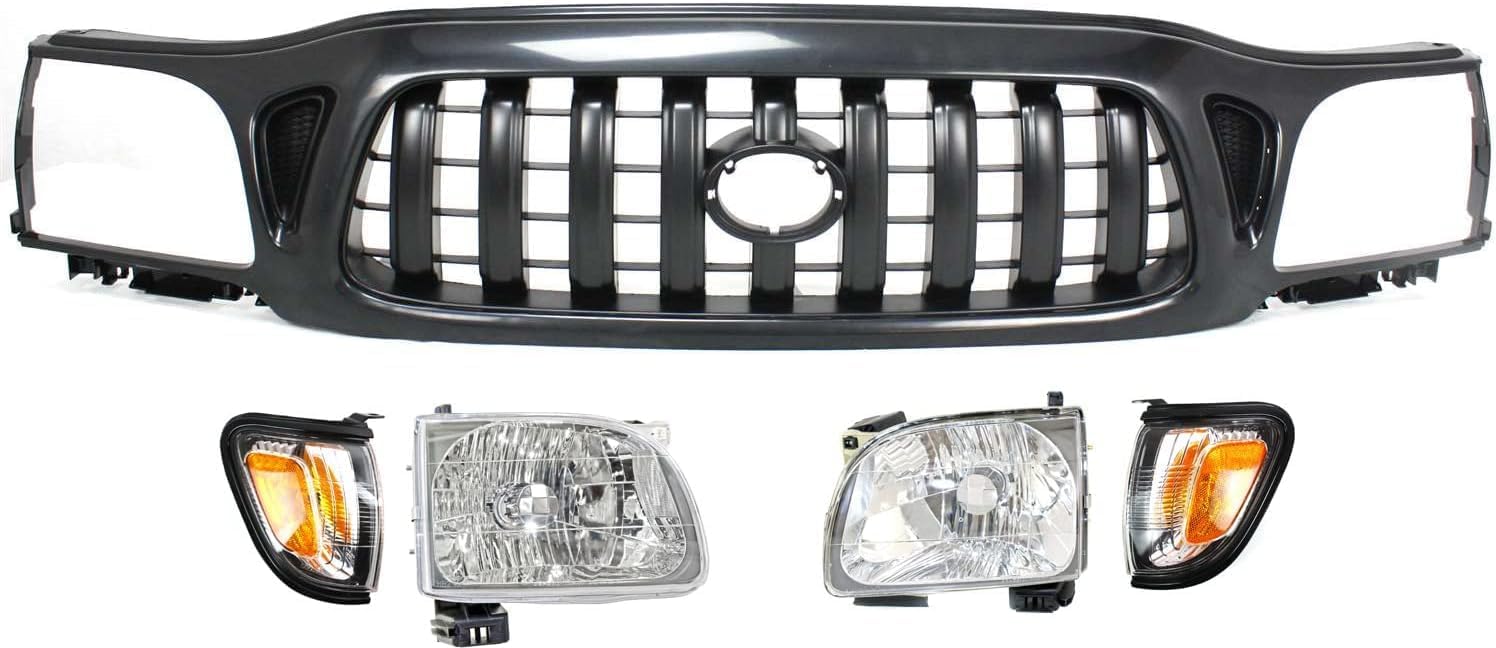 Front Bumper + Grille + Upper Cover + Lower Valance + Headlights + Fillers + Park Lamp & Signal Lights Left & Right Side Direct Replacement Compatible With 2001-2004 Toyota Tacoma 4WD