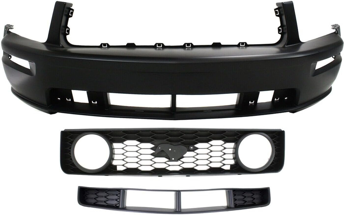 Front Bumper Cover Primed + Upper Grille Black Shell With Honeycomb Insert + Lower Textured Gray Direct Replacement Compatible With 2005-2009 Ford Mustang FO1000575 FO1200422
