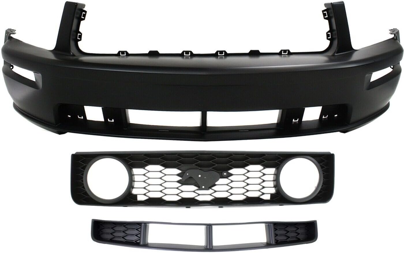 Front Bumper Cover Primed + Upper Grille Black Shell With Honeycomb Insert + Lower Textured Gray Direct Replacement Compatible With 2005-2009 Ford Mustang FO1000575 FO1200422