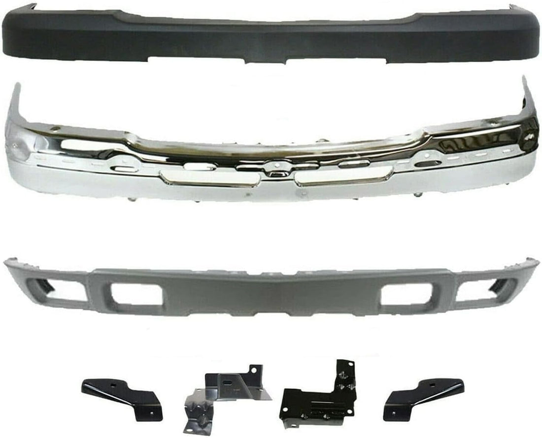 Front Bumper Chrome + Upper Cover Textured + Lower Valance + Brackets Set Right & Left Side Direct Replacement Compatible With 2003-2006 Chevrolet Silverado 2500HD 3500