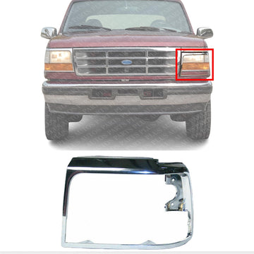 Front Head Light Door Bezel Chrome Steel Left Driver Side Direct Replacement Compatible With 1992-1997 Ford F-Series FO2512130 F2TZ13064D