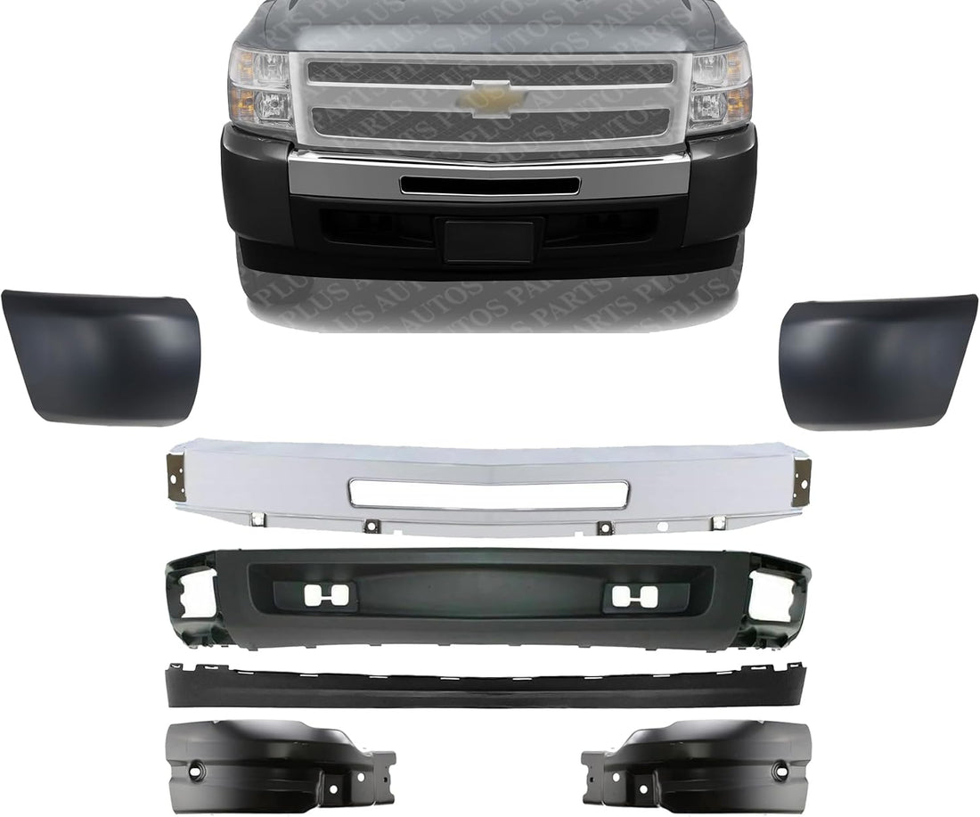 Front Bumper Impact Bar Steel + Lower Valance Air Deflector + Extension + End Caps + Brackets Left & Right Side Direct Replacement Compatible With 2007-2013 Chevrolet Silverado 1500