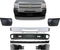 Front Bumper Impact Bar Steel + Lower Valance Air Deflector + Extension + End Caps + Brackets Left & Right Side Direct Replacement Compatible With 2007-2013 Chevrolet Silverado 1500