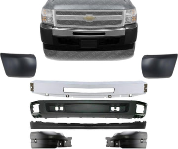 Front Bumper Impact Bar Steel + Lower Valance Air Deflector + Extension + End Caps + Brackets Left & Right Side Direct Replacement Compatible With 2007-2013 Chevrolet Silverado 1500
