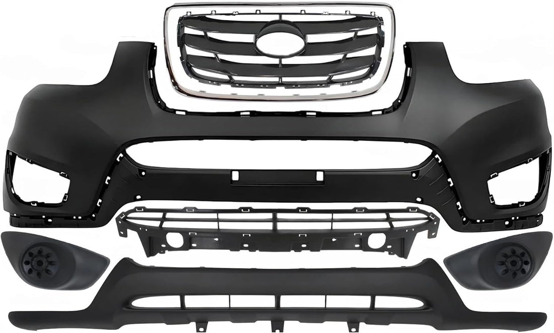 Front Bumper Cover Primed + Valance + Upper & Lower Grille + Molding Chrome + Fog Light Cover Left & Right Side Direct Replacement Compatible With 2010-2012 Hyundai Santa Fe