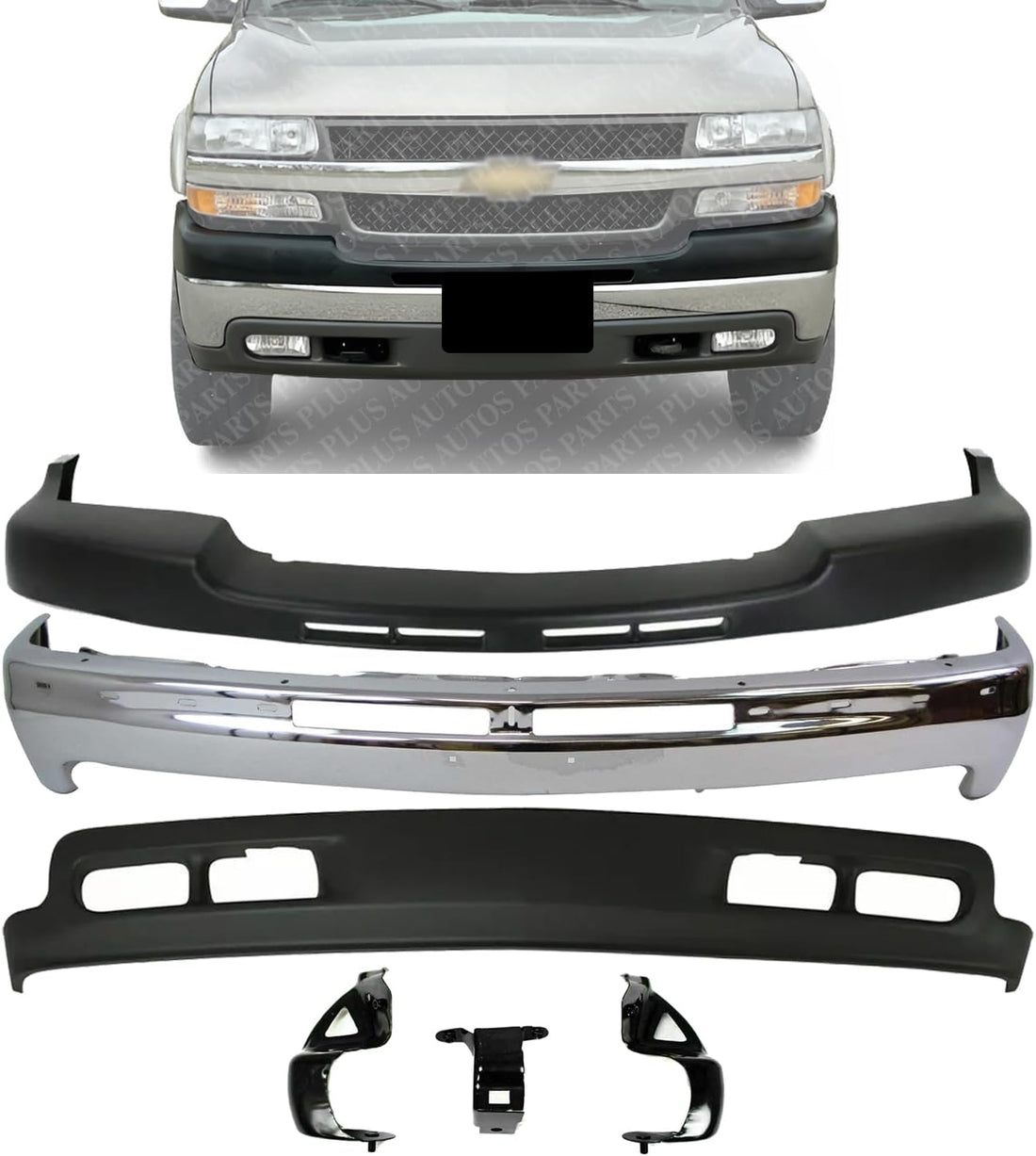 AUTOS PARTS PLUS Front Bumper Chrome Steel With Brackets + Upper Cover Textured + Lower Valance Direct Replacement Compatible With 2001-2002 Chevrolet Silverado 2500HD 3500 GM1051106 GM1092167