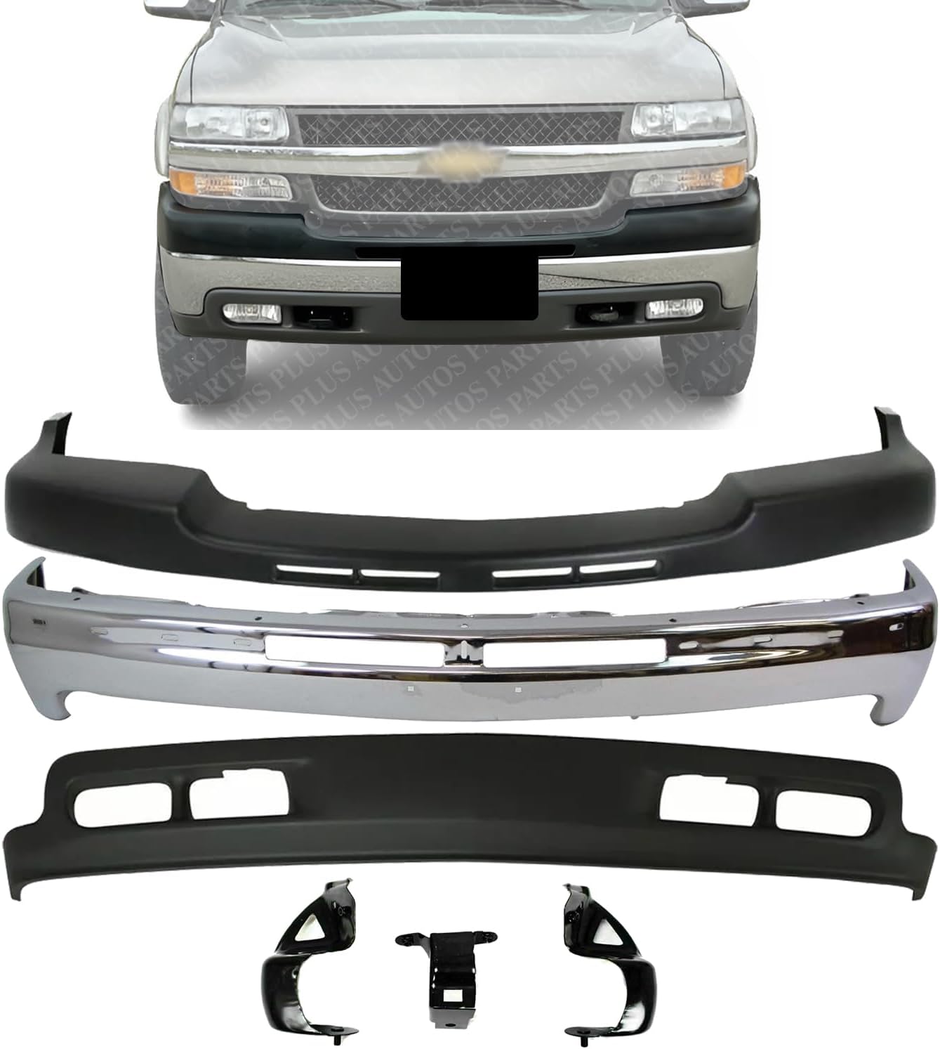 AUTOS PARTS PLUS Front Bumper Chrome Steel With Brackets + Upper Cover Textured + Lower Valance Direct Replacement Compatible With 2001-2002 Chevrolet Silverado 2500HD 3500 GM1051106 GM1092167