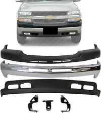 AUTOS PARTS PLUS Front Bumper Chrome Steel With Brackets + Upper Cover Textured + Lower Valance Direct Replacement Compatible With 2001-2002 Chevrolet Silverado 2500HD 3500 GM1051106 GM1092167