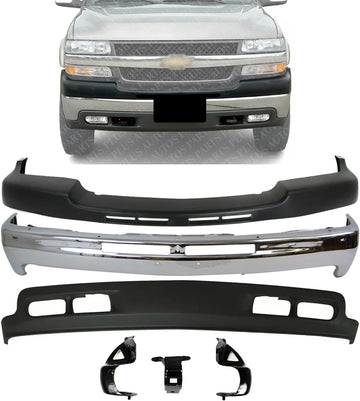 AUTOS PARTS PLUS Front Bumper Chrome Steel With Brackets + Upper Cover Textured + Lower Valance Direct Replacement Compatible With 2001-2002 Chevrolet Silverado 2500HD 3500 GM1051106 GM1092167
