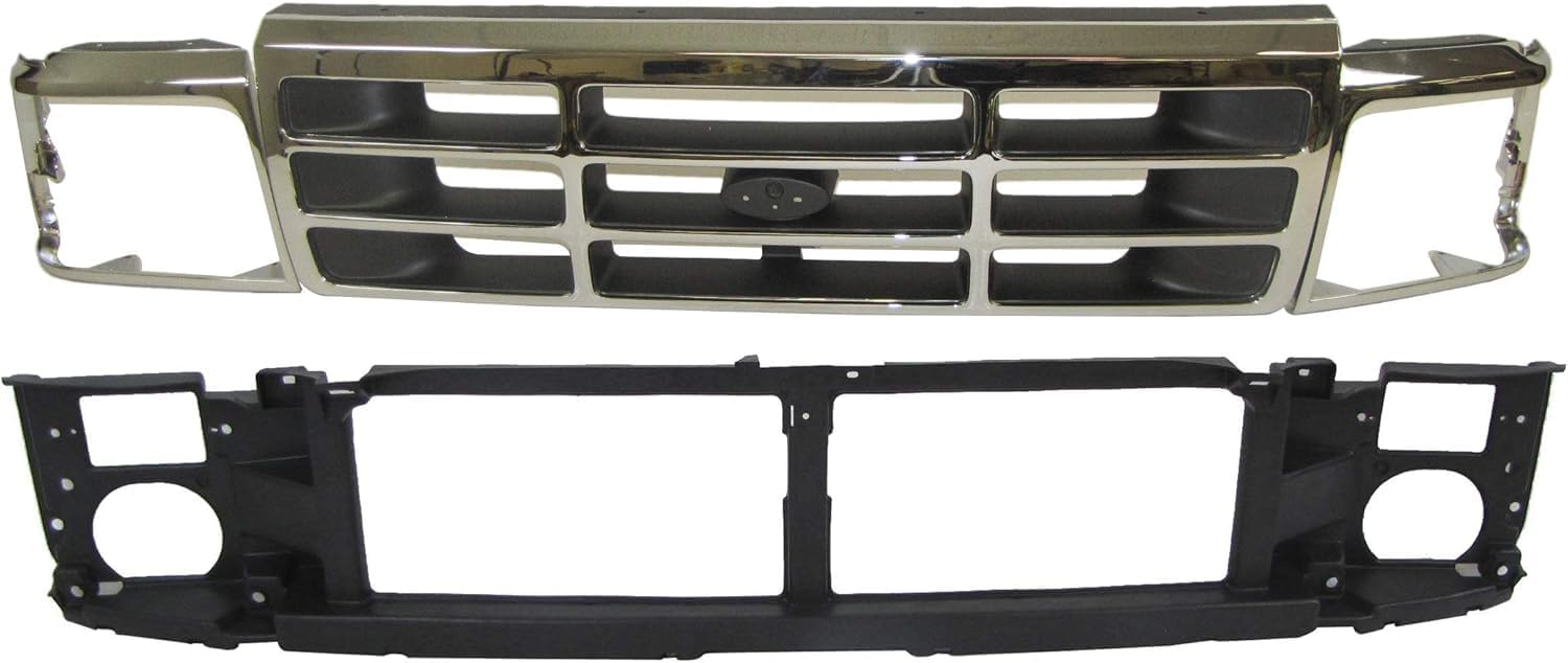 Front Grille + Header Panel + Head Light Door Bezels Left Driver & Right Passenger Side Direct Replacement Compatible With 1992-1997 Ford F-Series FO1220113 FO1200173 FO2513131